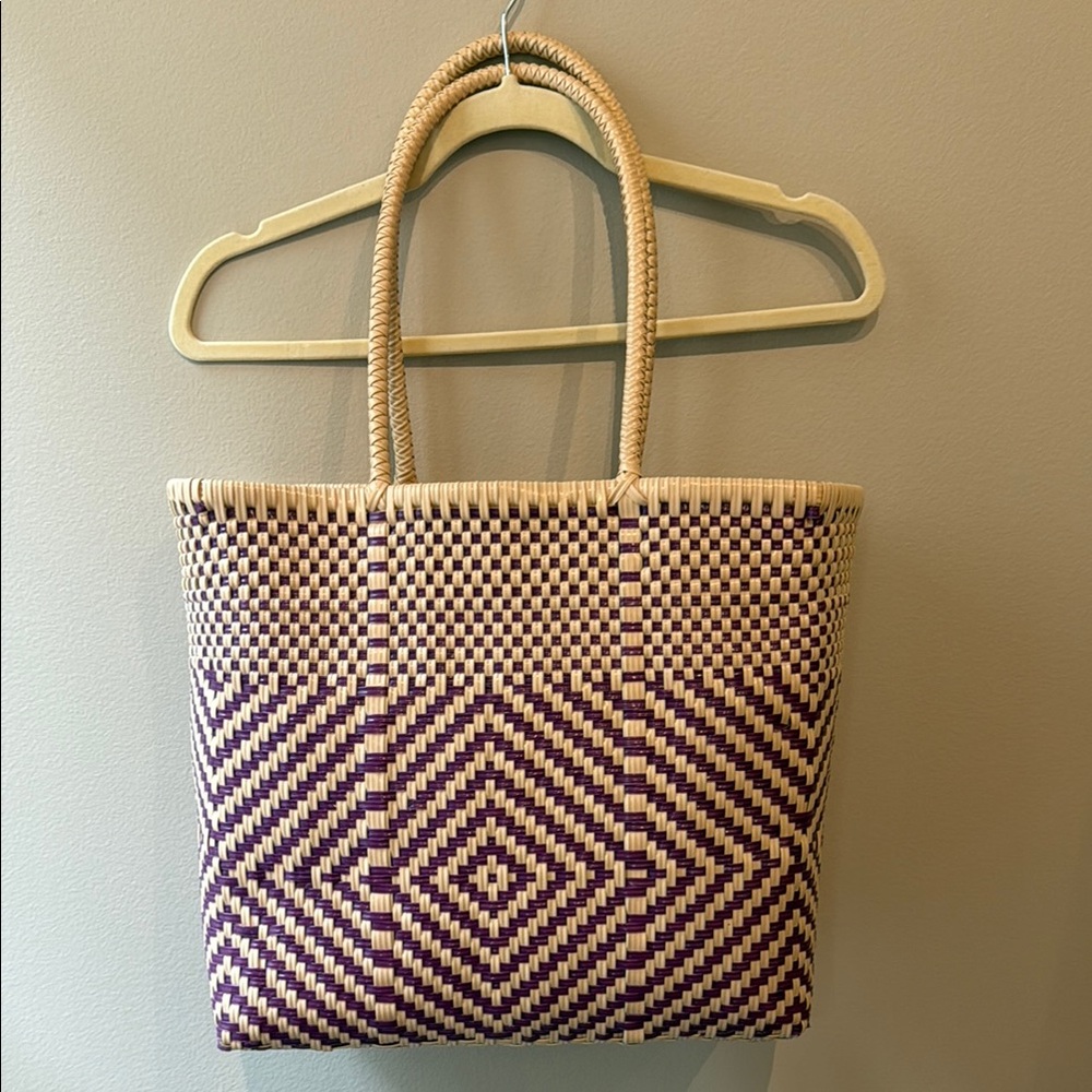 Handwoven tote - purple and cream